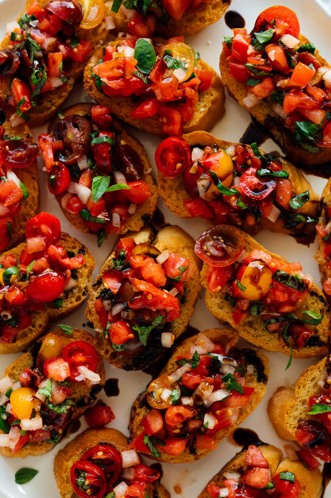 Bruschetta with Roasted Tomato, Basil, and Balsamic Reduction