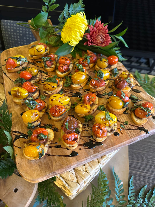 Bruschetta with Roasted Tomato, Basil, and Balsamic Reduction